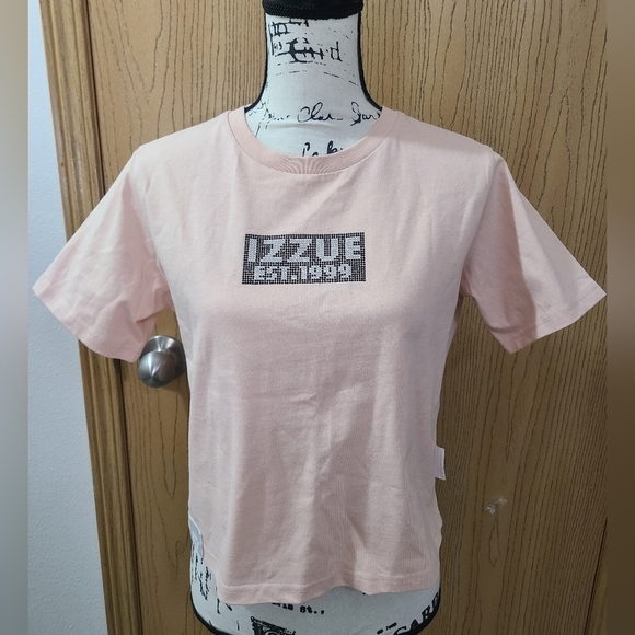 Izzue Tops - Izzue Pink Peach Rhinestone Logo Tag Boxy Streetwear Crop Top